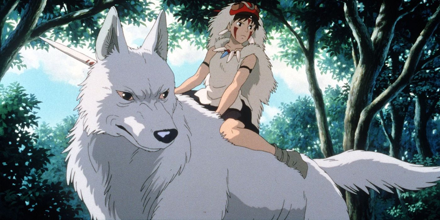 San riding a white wolf in Princess Mononoke