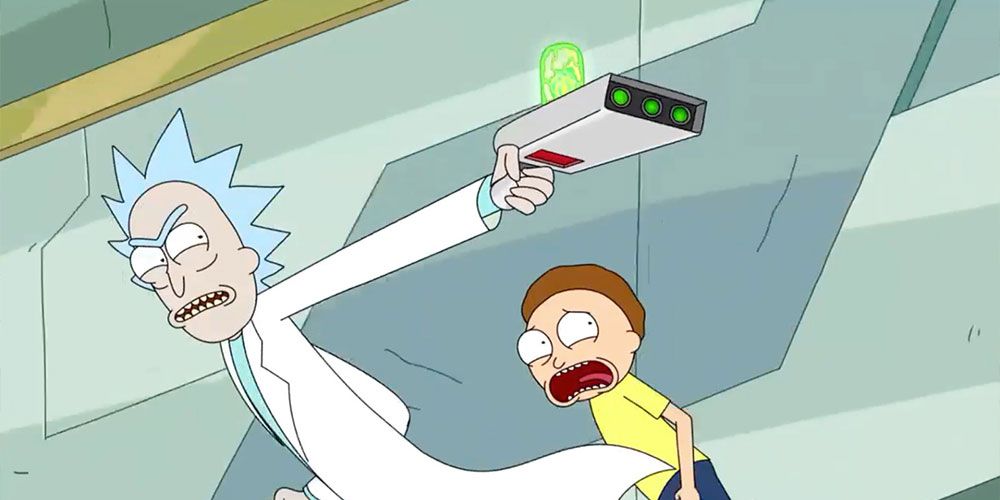 Rick and Morty's Portal Gun in action as they run away
