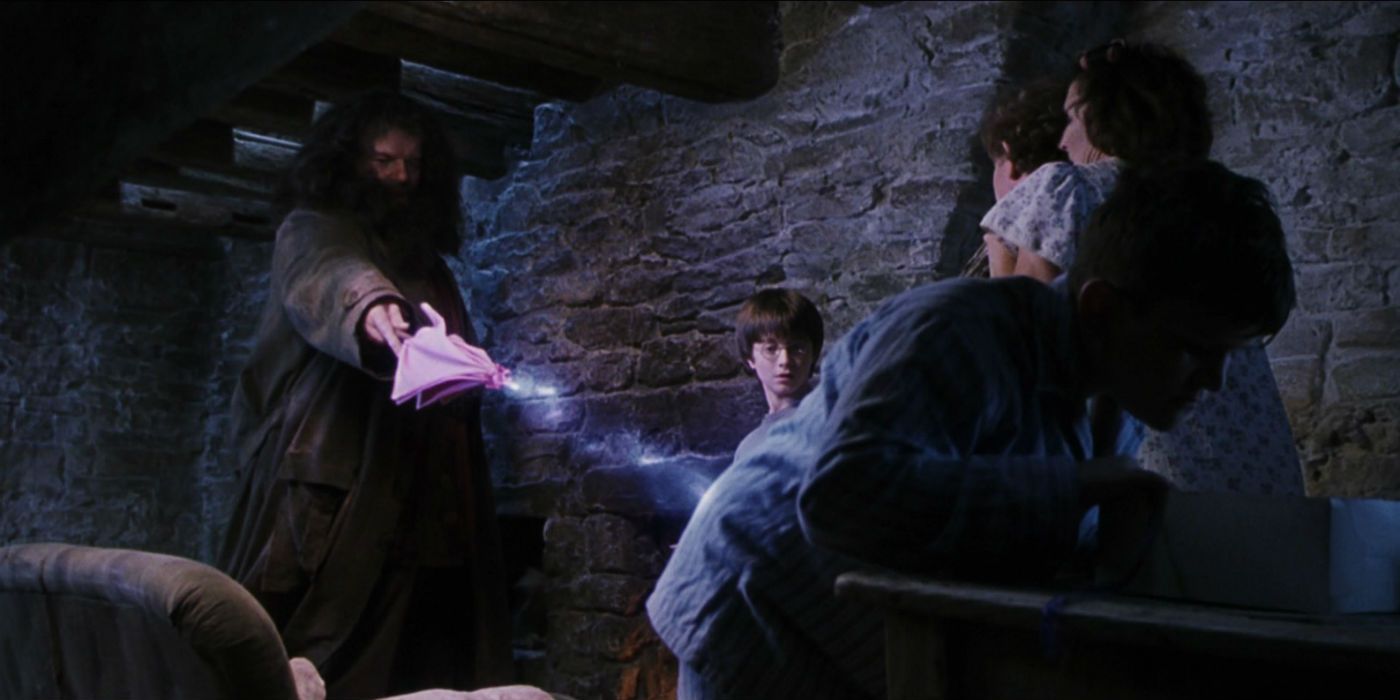 Robbie Coltrane as Hagrid Gives Dudley Dursley a Pig Tail in Harry Potter