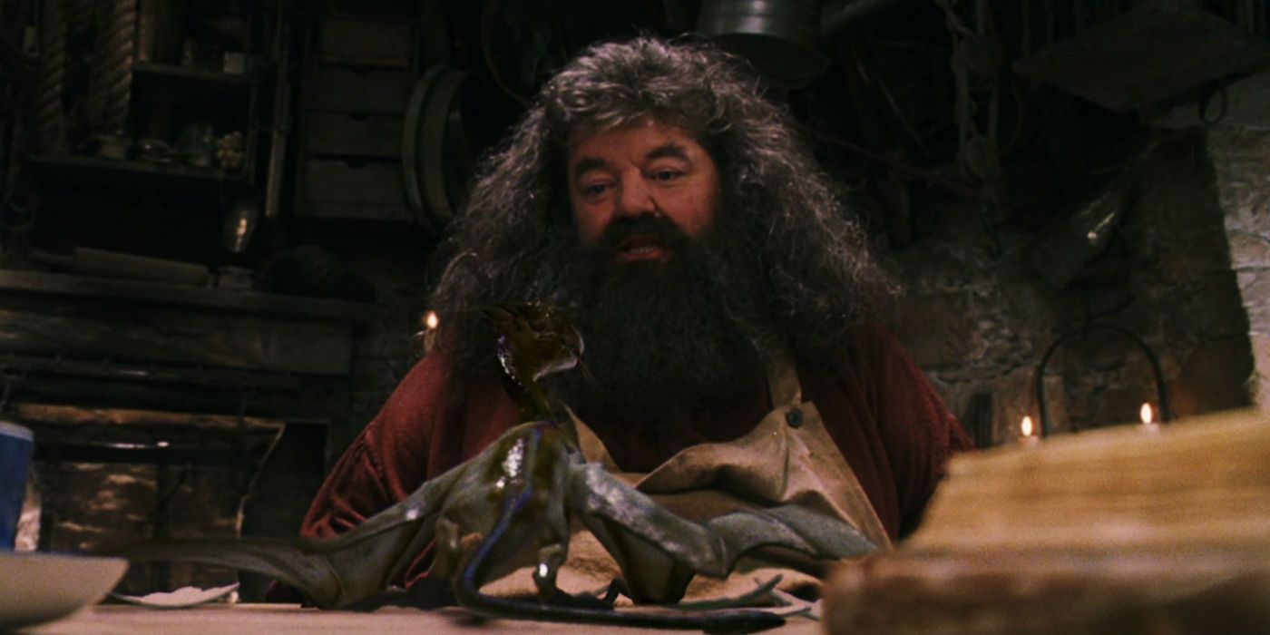 Robbie Coltrane as Hagrid with Norberta the Dragon