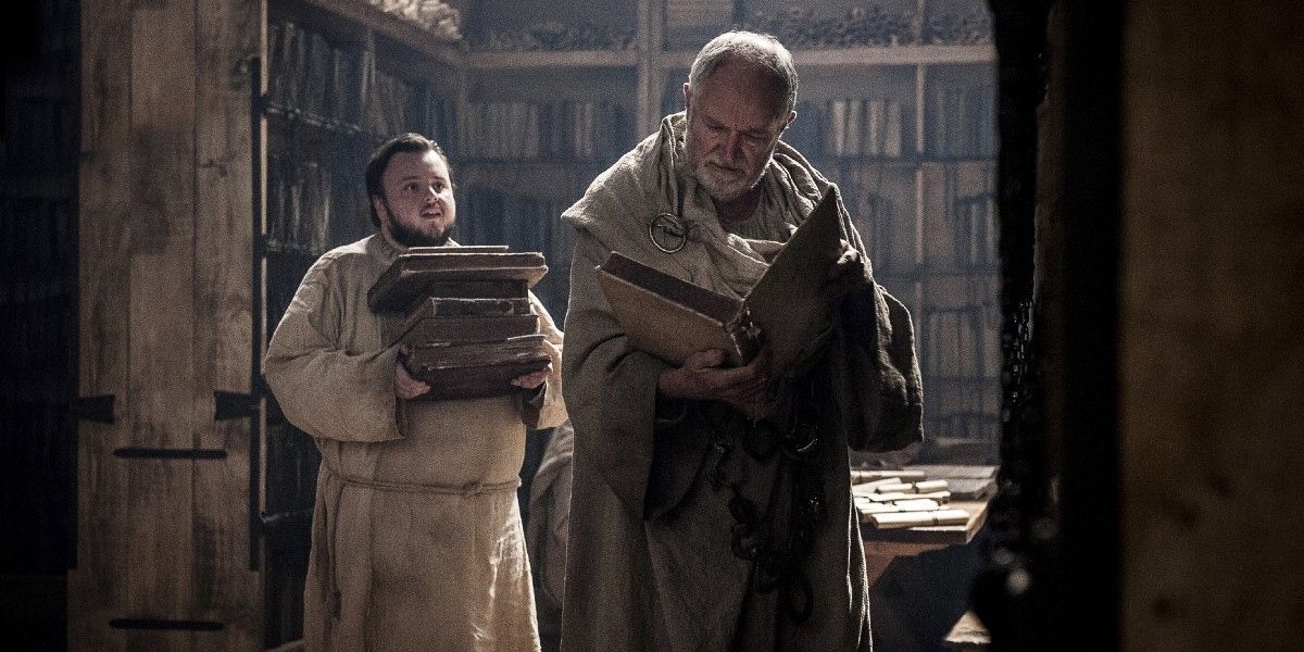 Sam follows Archmaester Ebrose in Oldtown library in Game of Thrones season 7