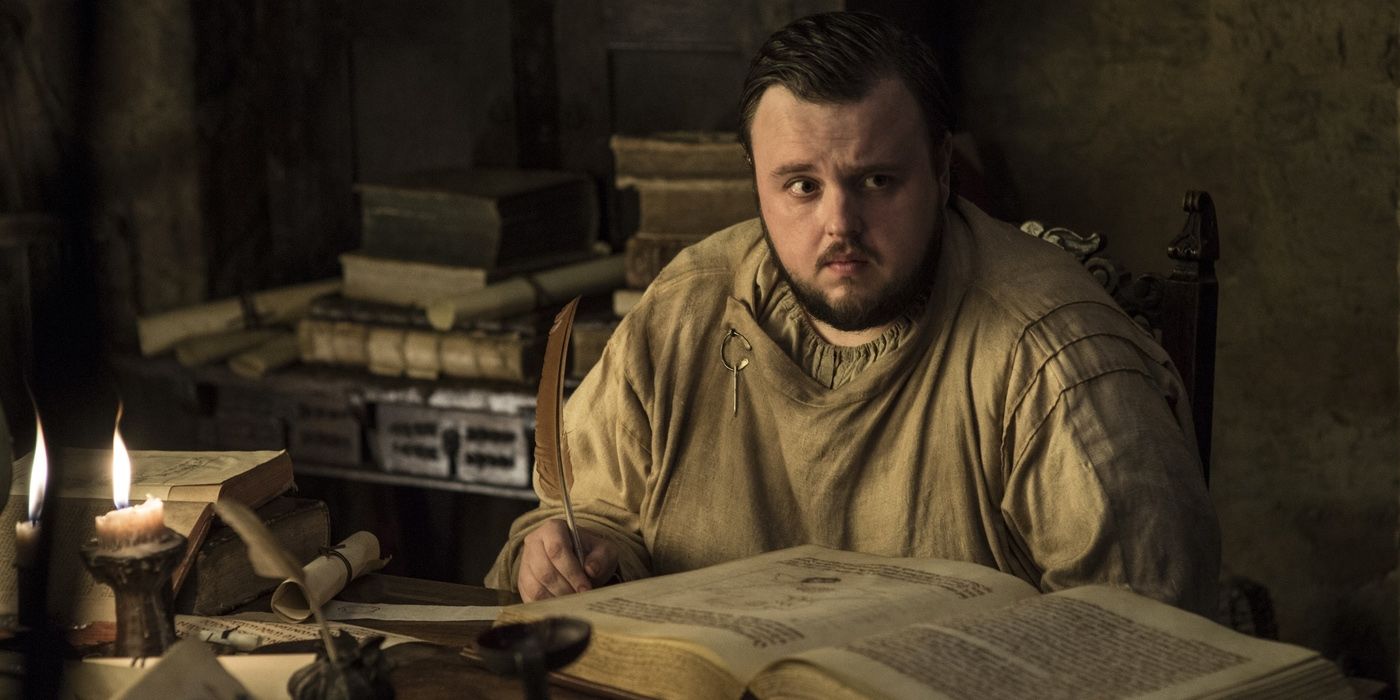 Sam sitting behind a desk in the Citadel in Game of Thrones