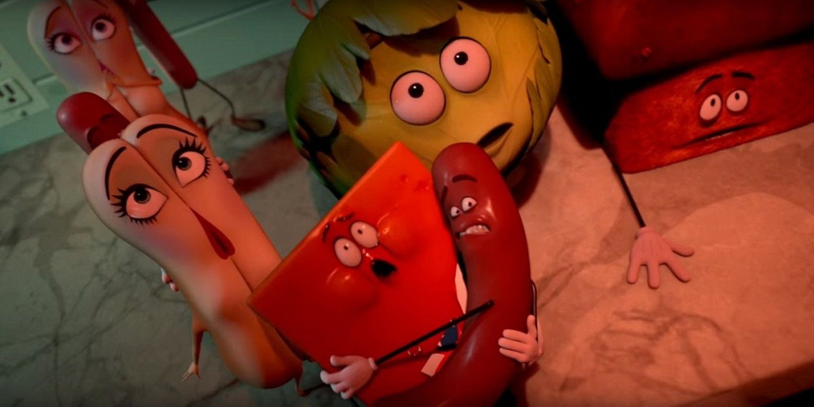 The Sausage Party characters terrified they're about to be eaten