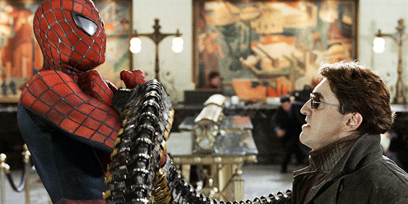 Doctor Octopus trapping Spider-Man with his arms in Spider-Man 2
