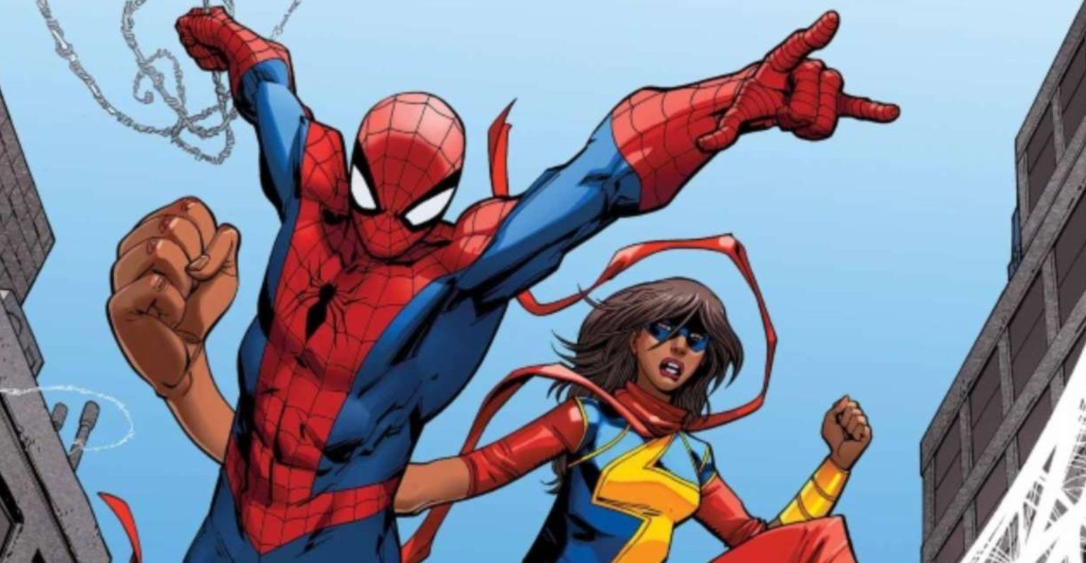 Spider-Man and Ms. Marvel swing into battle in Marvel Comics.