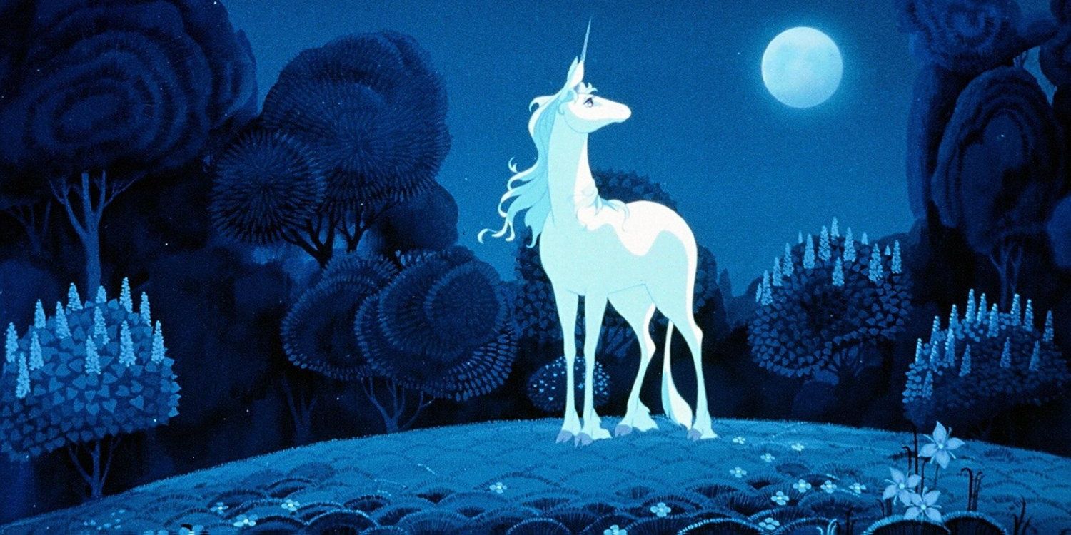 The unicorn stands in a glade in The Last Unicorn