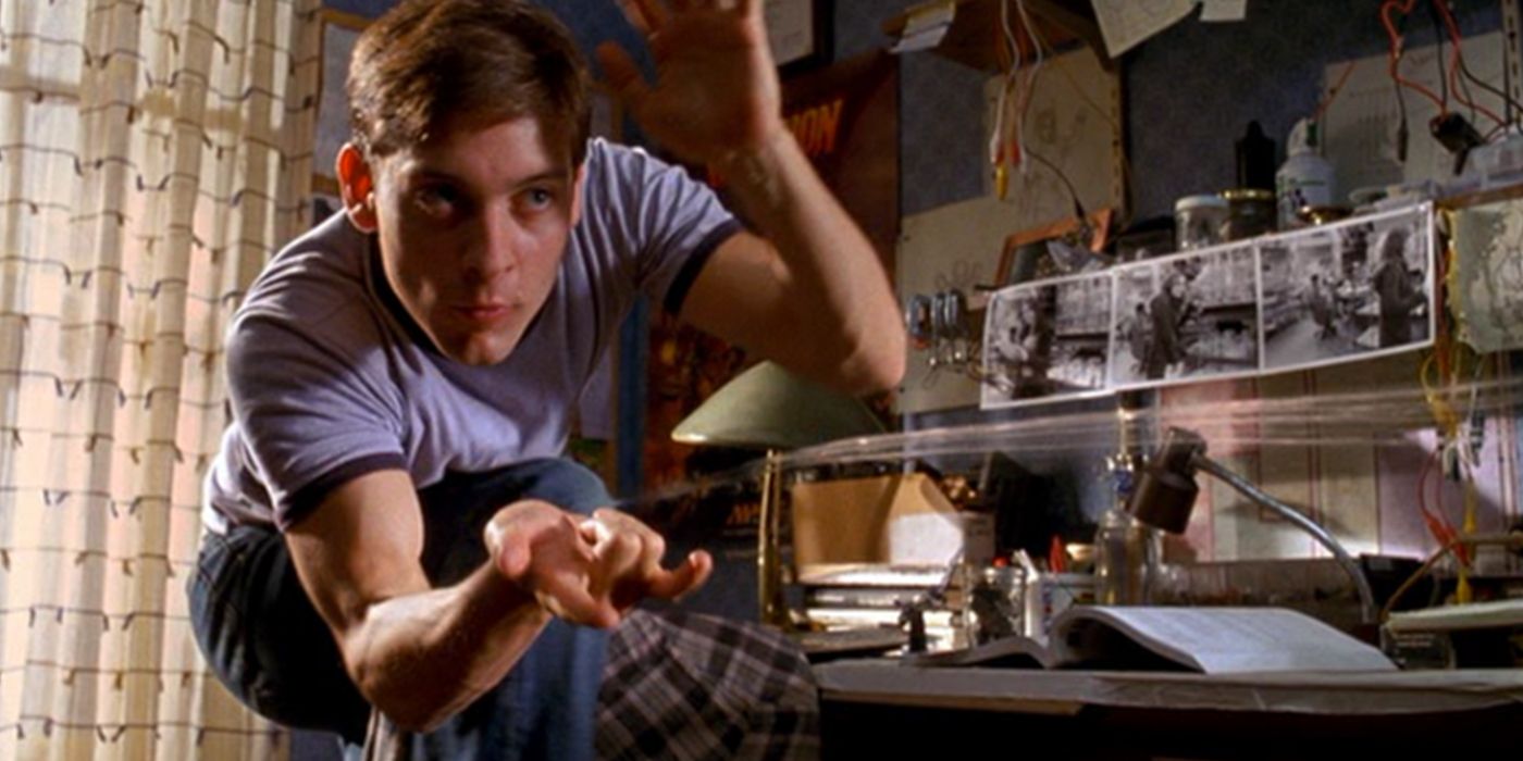 Peter Parker shoots a web in his room in Spider-Man