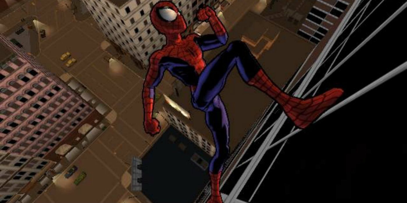 Spider-Man sube corriendo por el costado de un edificio en Ultimate Spider-Man para PS2