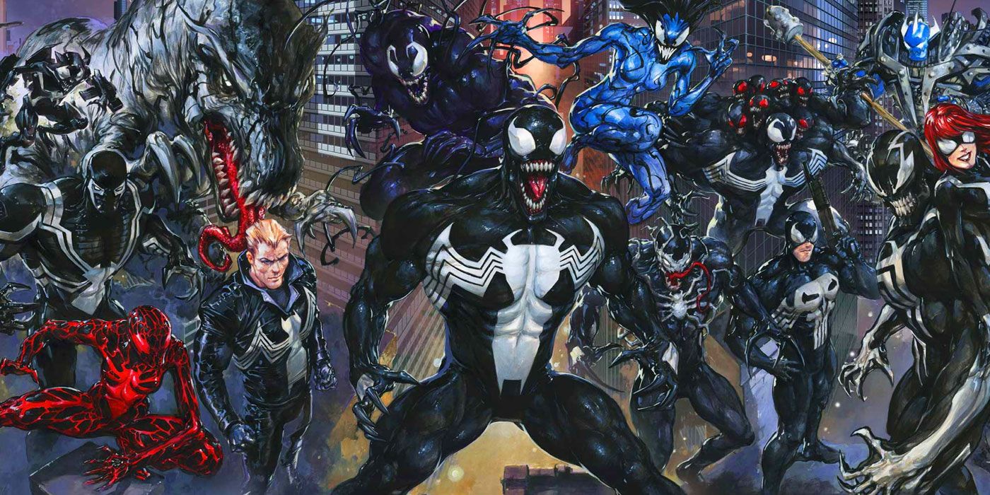 Variants of Venom assemble in Venomverse comic book.
