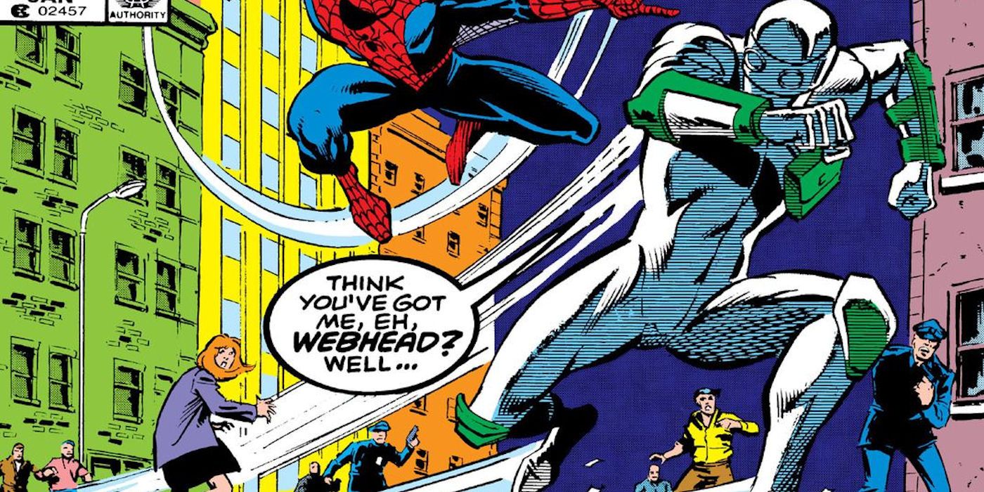 Slyde runs from Spider-Man in Marvel Comics.