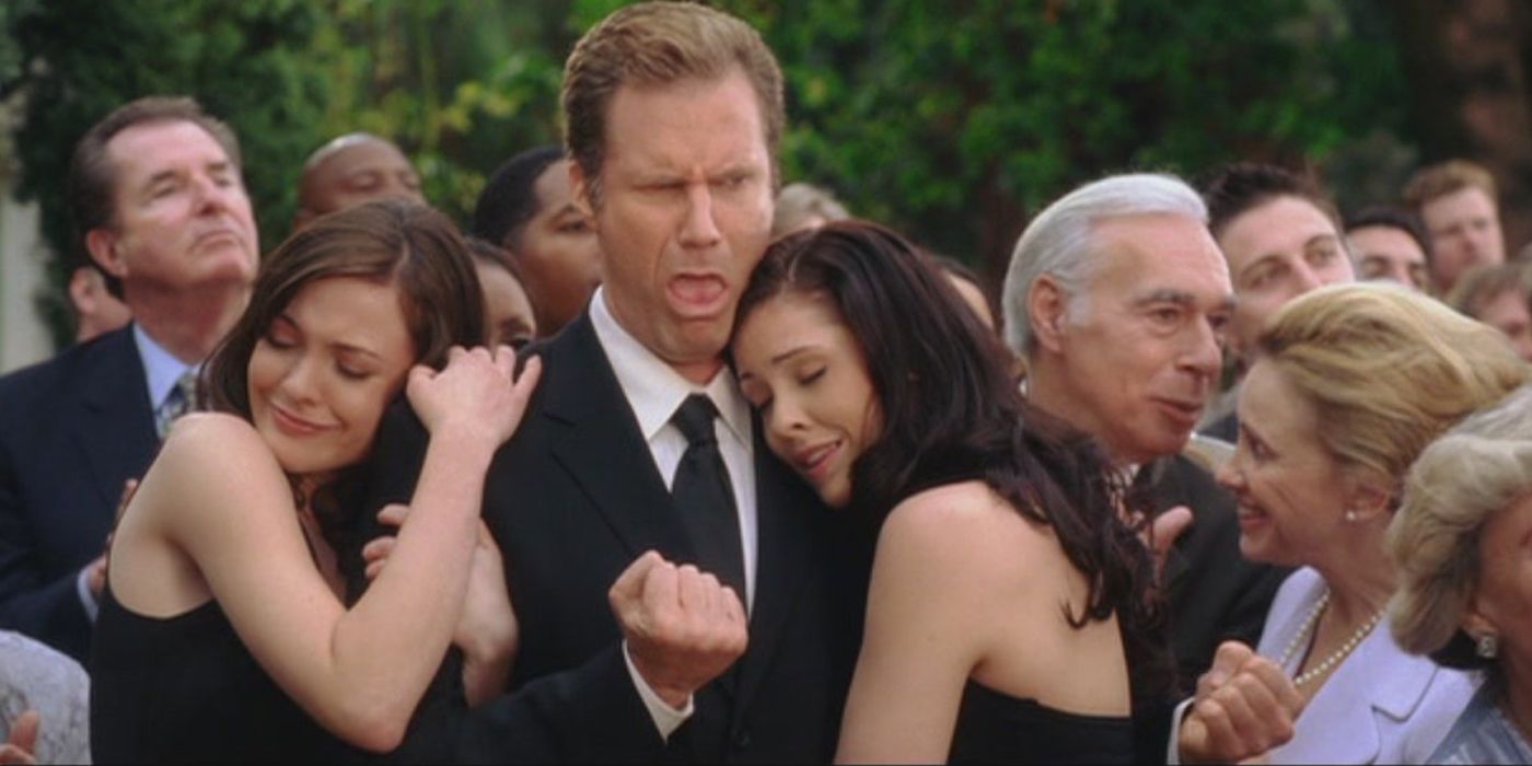Will Ferrell at a funeral with two women in Weddding Crashers