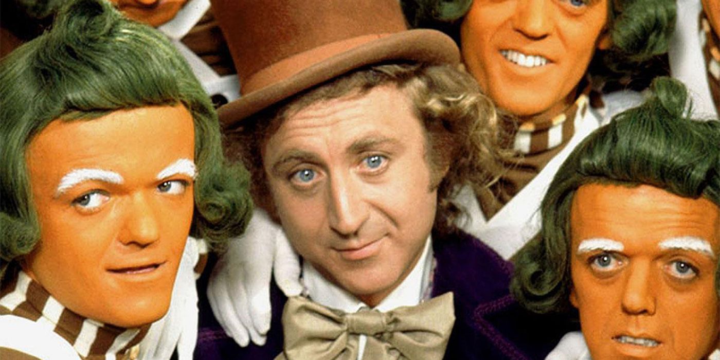 Gene Wilder as Willy Wonka with Oompa-Loompas in Willy Wonka and the Chocolate Factory