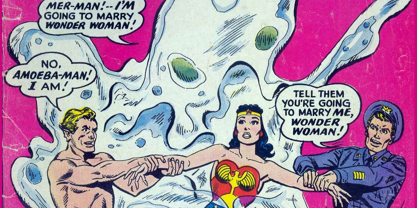 Wonder Woman #125 Cover featuring Amoeba Man, Mer-Man, and Steve Trevor fighting over Wonder Woman. 