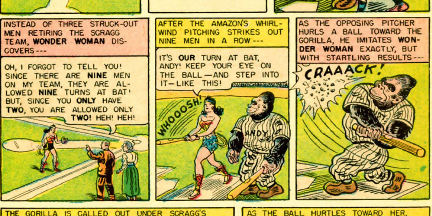 Wonder Woman panel teaching a gorilla to play baseball.