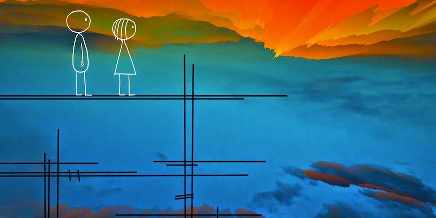 Two stick figures looking at the sunset in World of Tomorrow.
