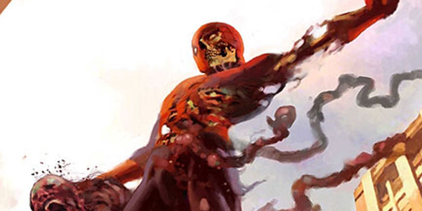 Zombie Spider-Man swings through the air from Marvel Zombies