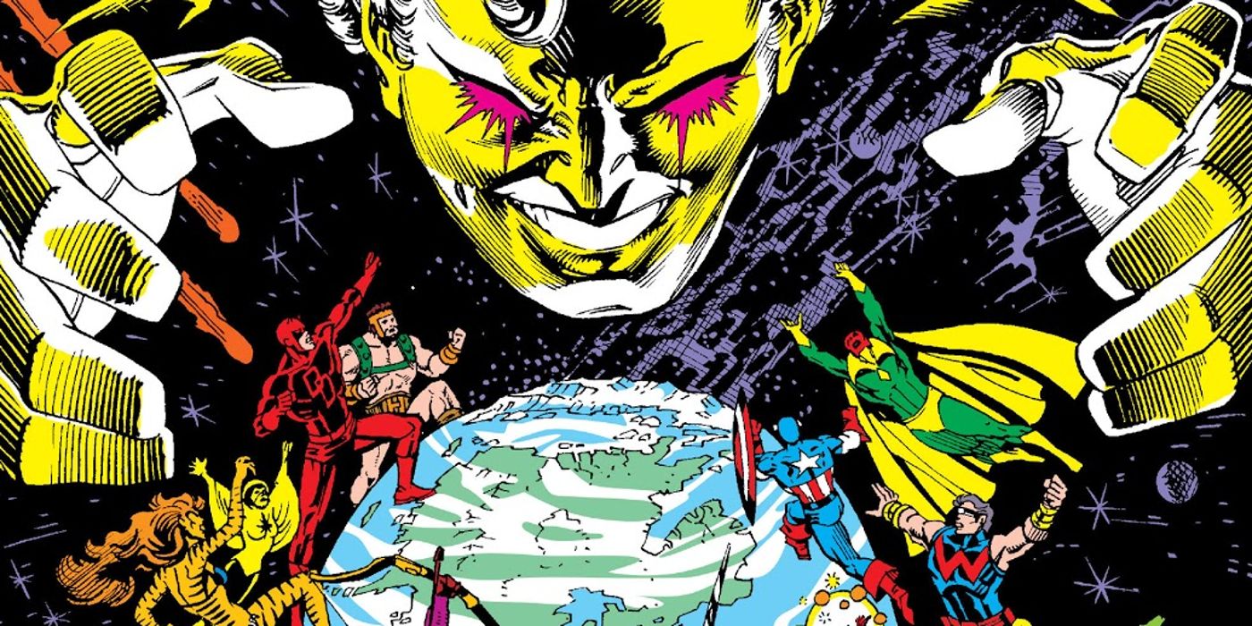 A giant image of the Beyonder appears over Earth as heroes rush to defend it in Marvel Comics.