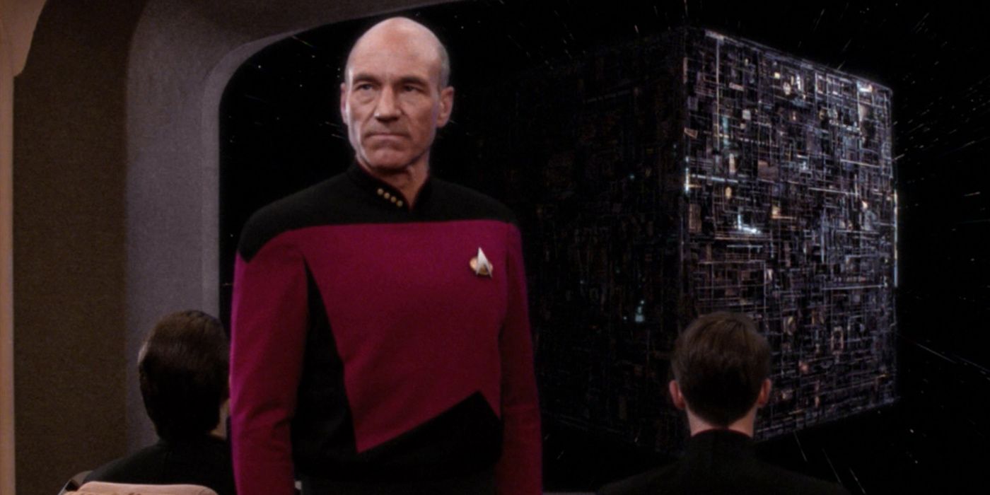 Picard and Borg cube on Star Trek: The Next Generation
