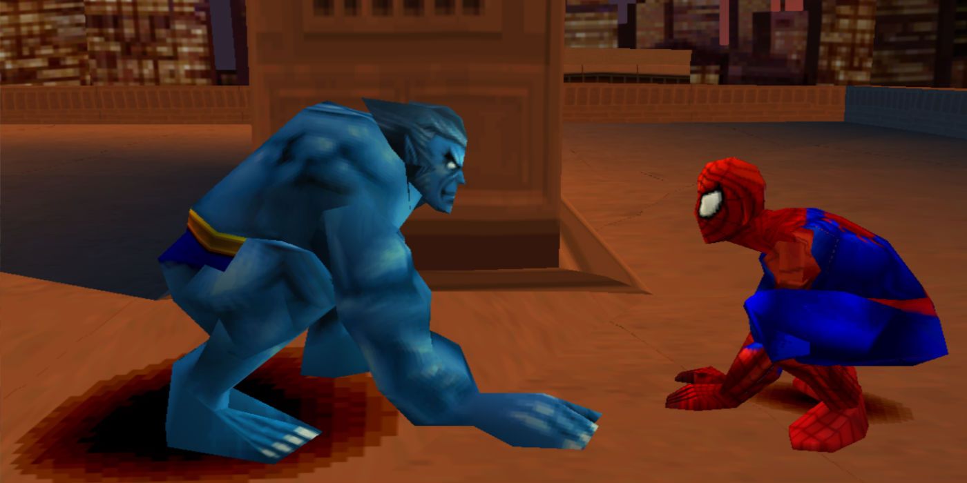 Beast and Spider-Man crouch before fighting in Mutant Academy 2