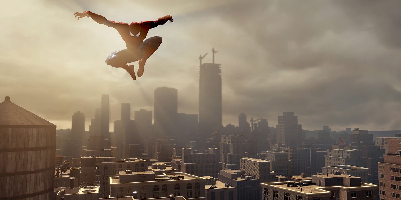 Spider-Man Swinging Above City