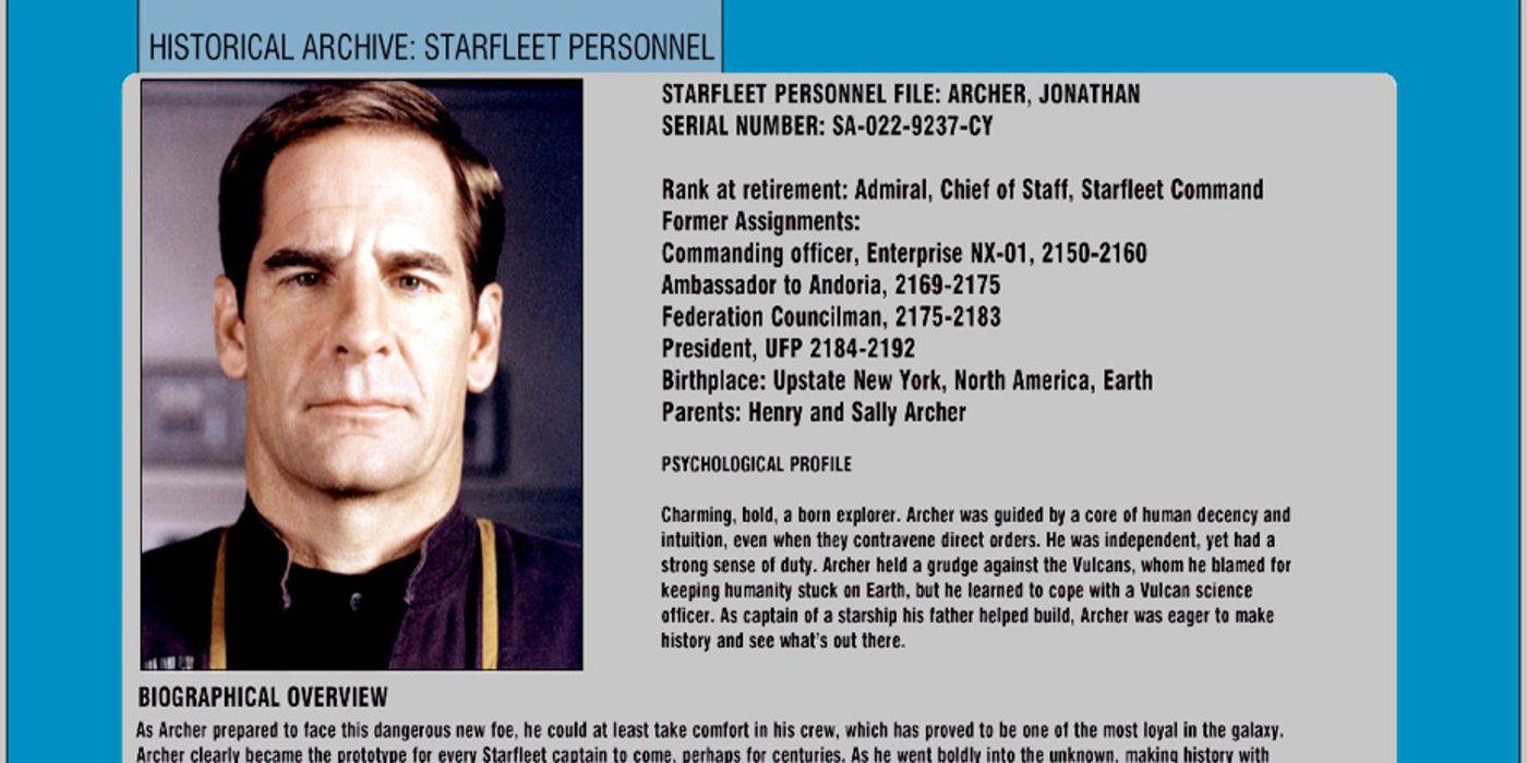 A screenshot of Jonathan Archer's biography in the Starfleet historical archives