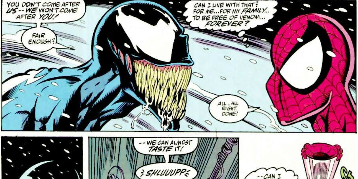 Venom makes a deal with Spider-Man in Marvel Comics.
