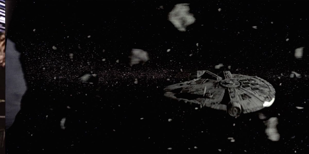 Han flies the Milennium Falcon through an Asteroid field to escape the Empire in The Empire Strikes Back
