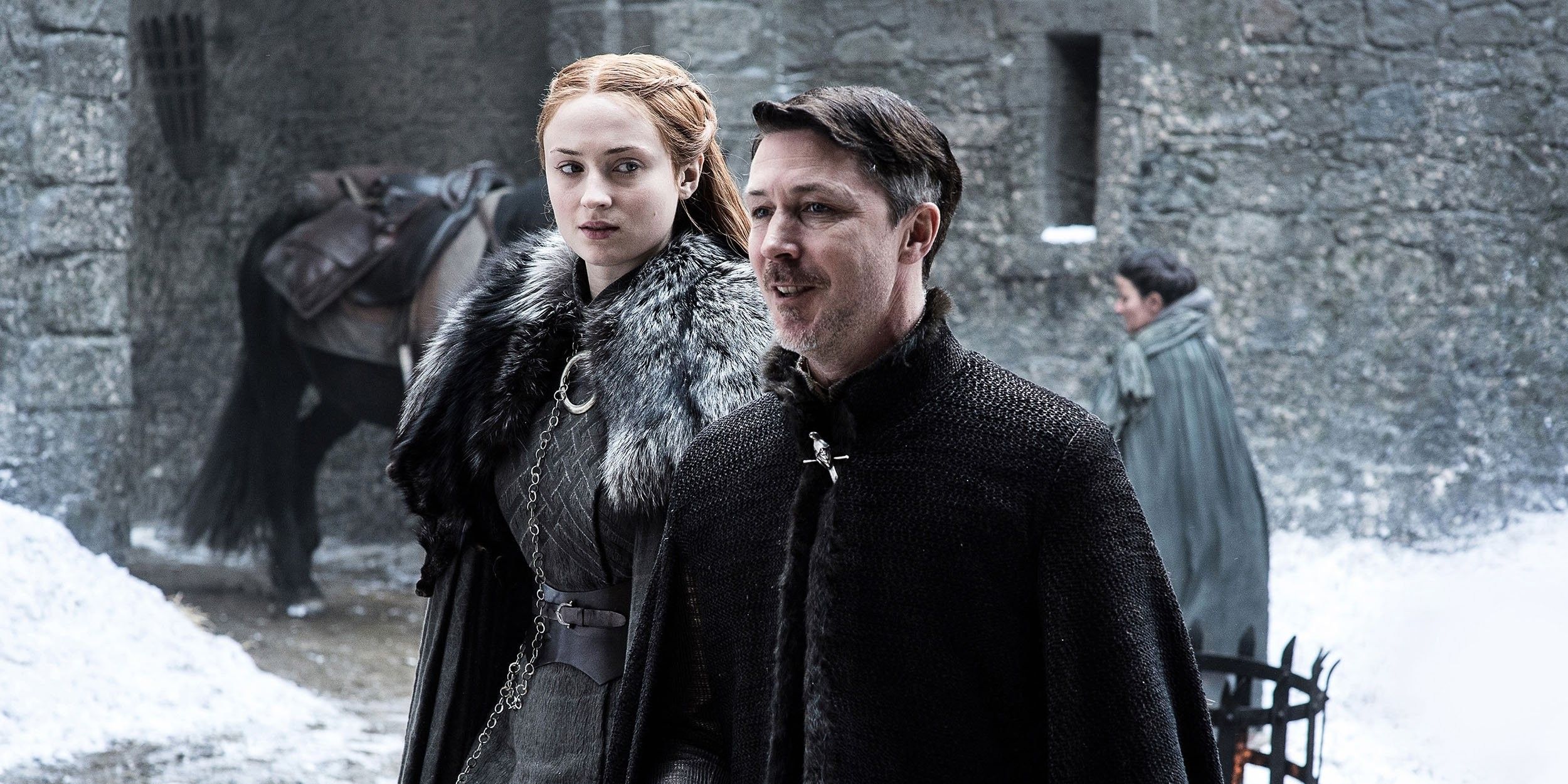 Aidan Gillen as Peter Littlefinger Baelish and Sophie Turner as Sansa Stark in Game of Thrones