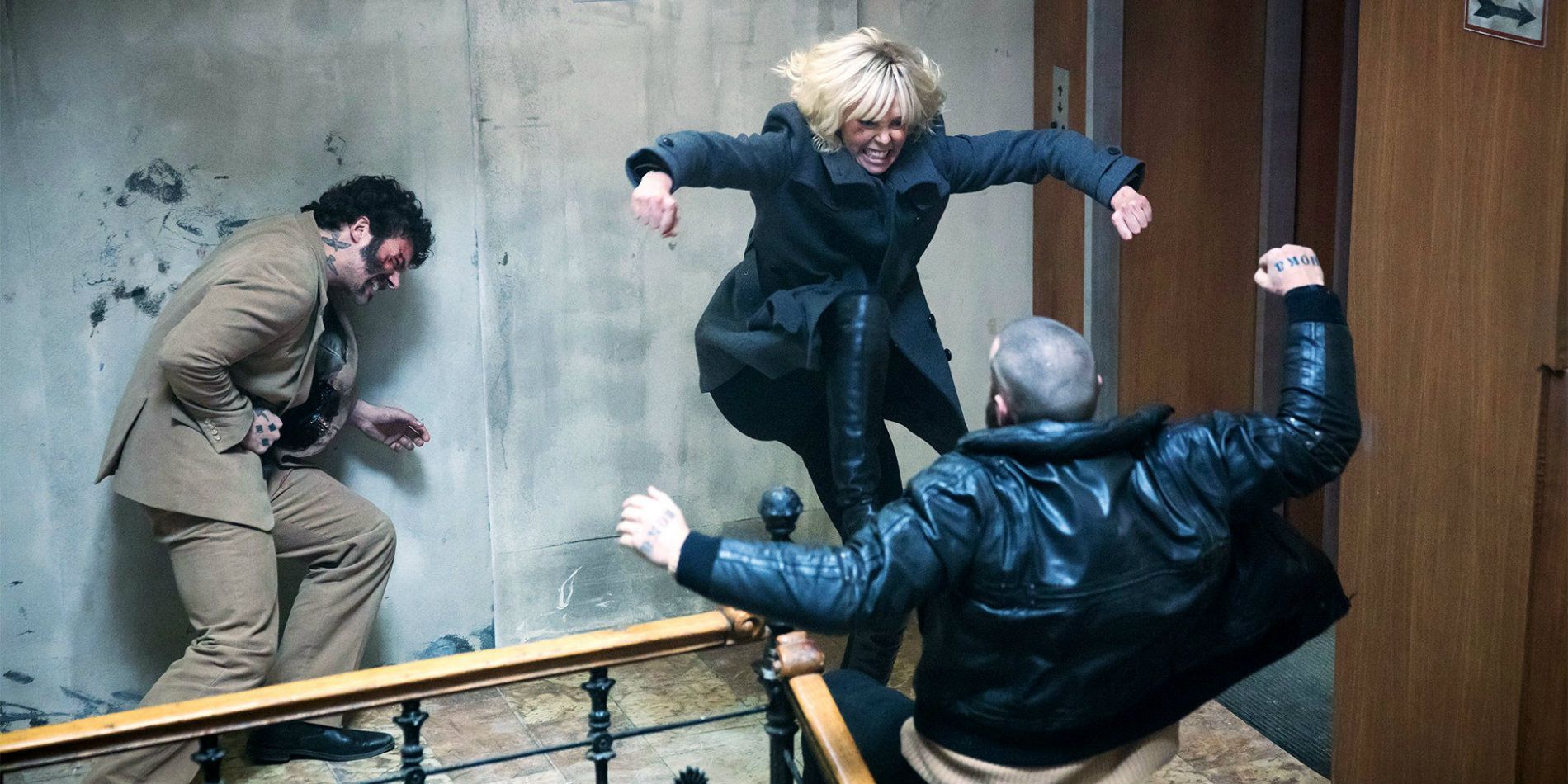 Lorraine fighting in a stairwell in Atomic Blonde