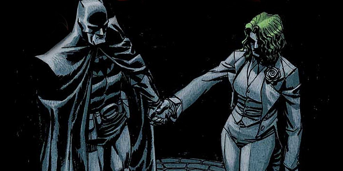 Batman and Joker hold hands in the Flashpoint comic book crossover.