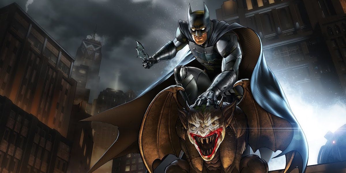 Batman The Enemy Within promo art with the hero perched atop a Joker-themed gargoyle