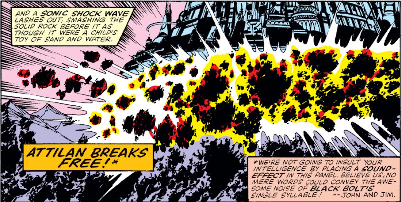 Black Bolt moves Attilan with his voice in a panel from a Fantastic Four comic book.