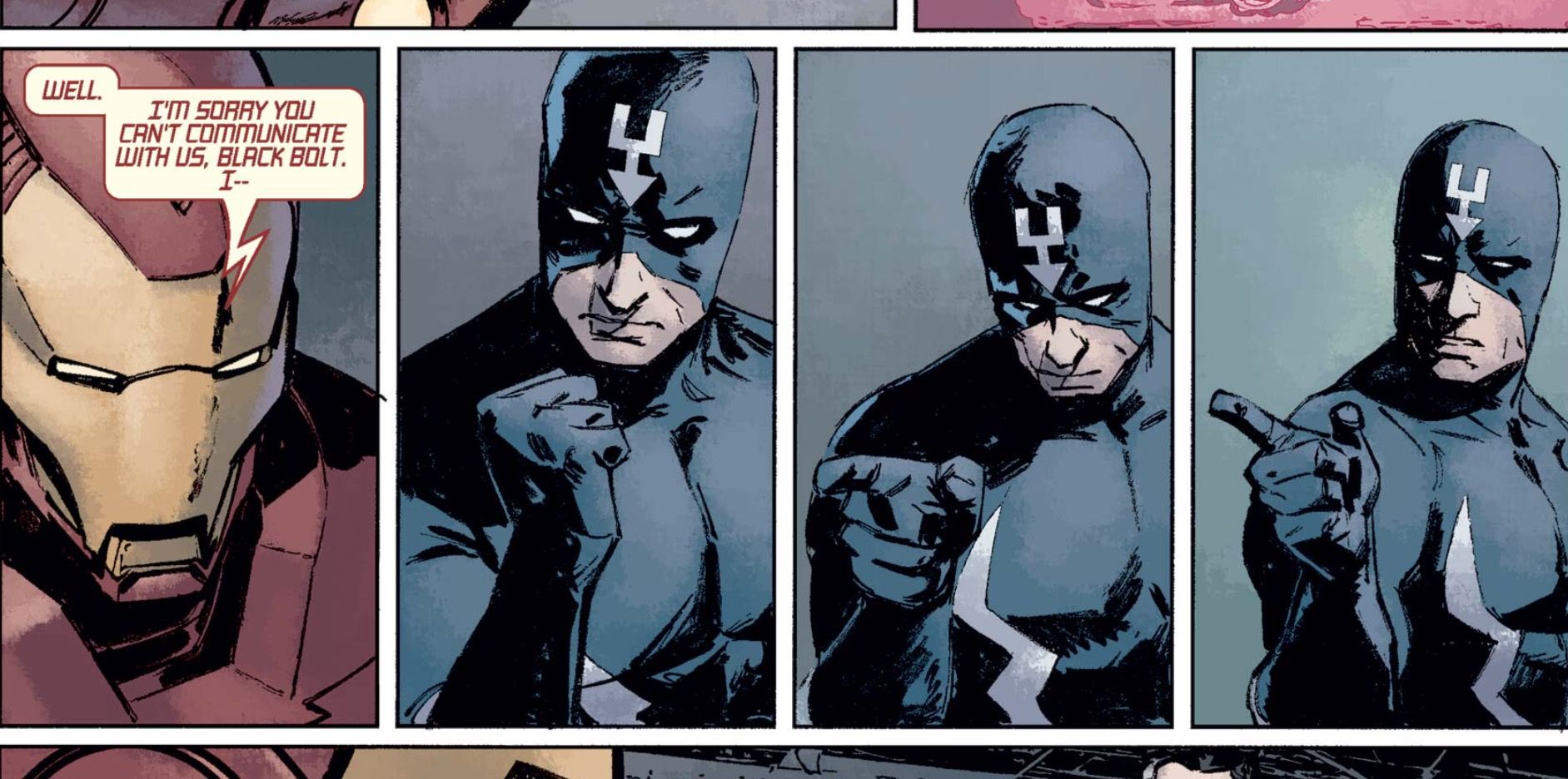 Black Bolt signs at Iron Man in New Avengers Illuminati 1