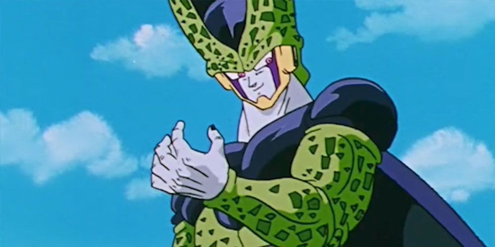 Cell holding a Senzu Bean in the Dragon Ball anime.
