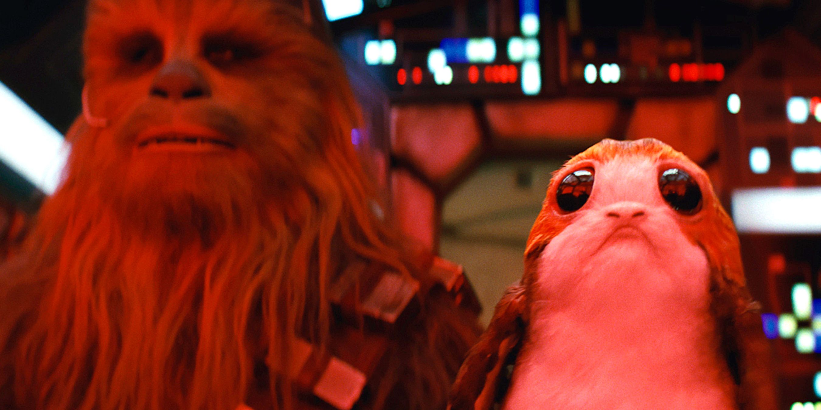 Chewbacca and a Porg in the Millennium Falcon in Star Wars The Last Jedi