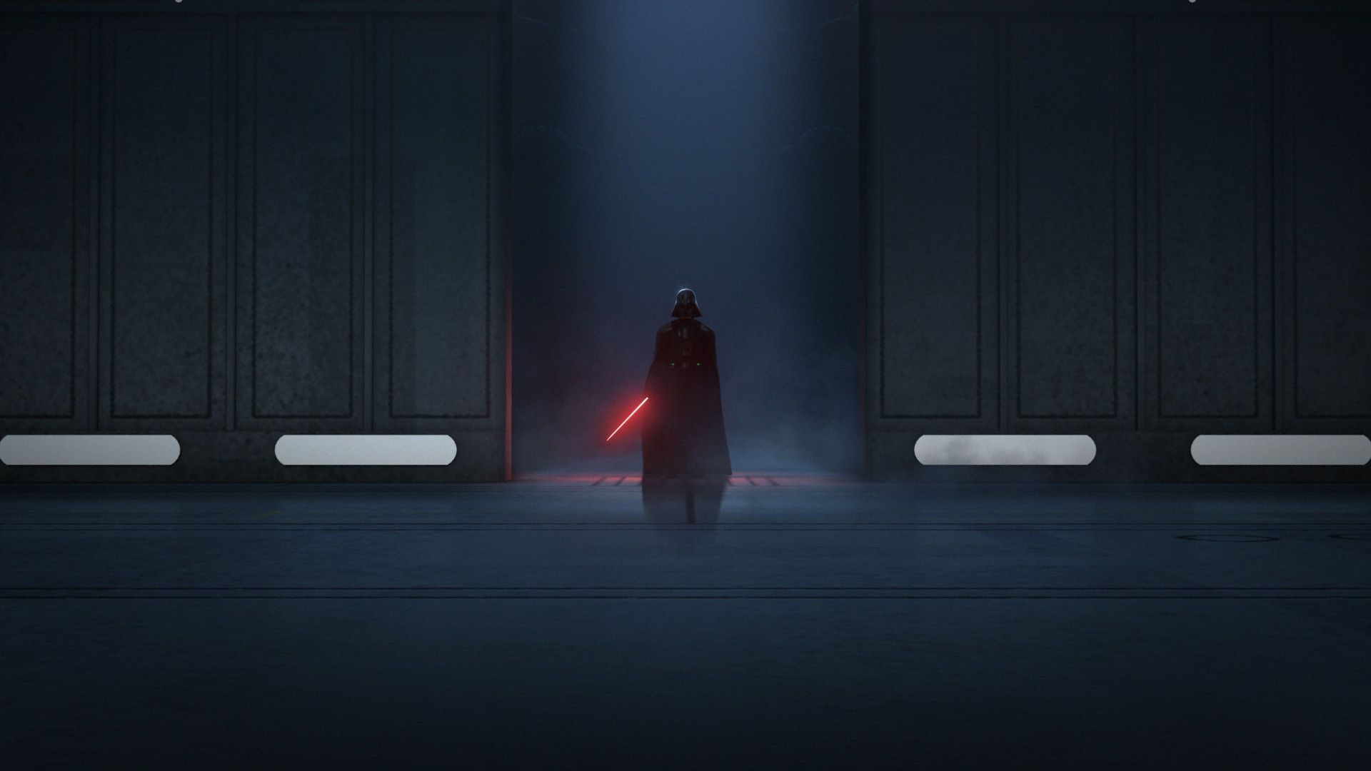 Darth Vader at a distance with his red lightsaber ignited in Star Wars Rebels