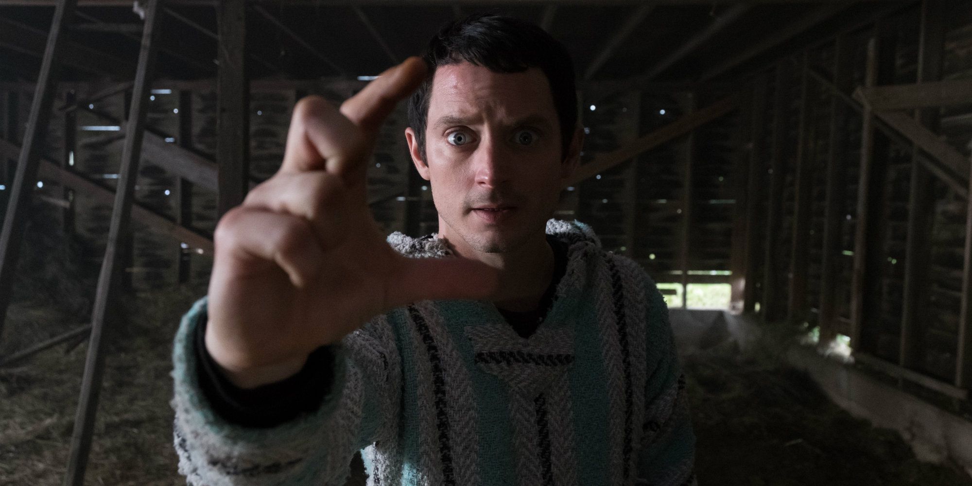 Elijah Wood as Todd Brotzman in Dirk Gently's Holistic Detective Agency holding hand in front of face