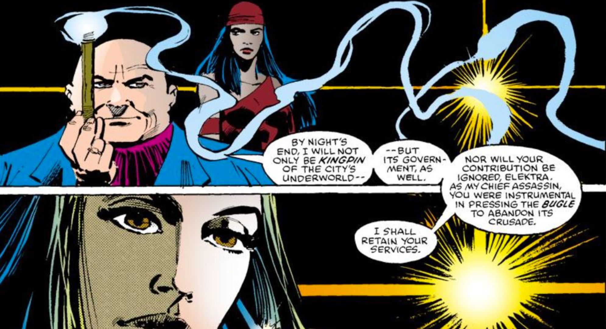 Elektra works for Kingpin in Marvel Comics.