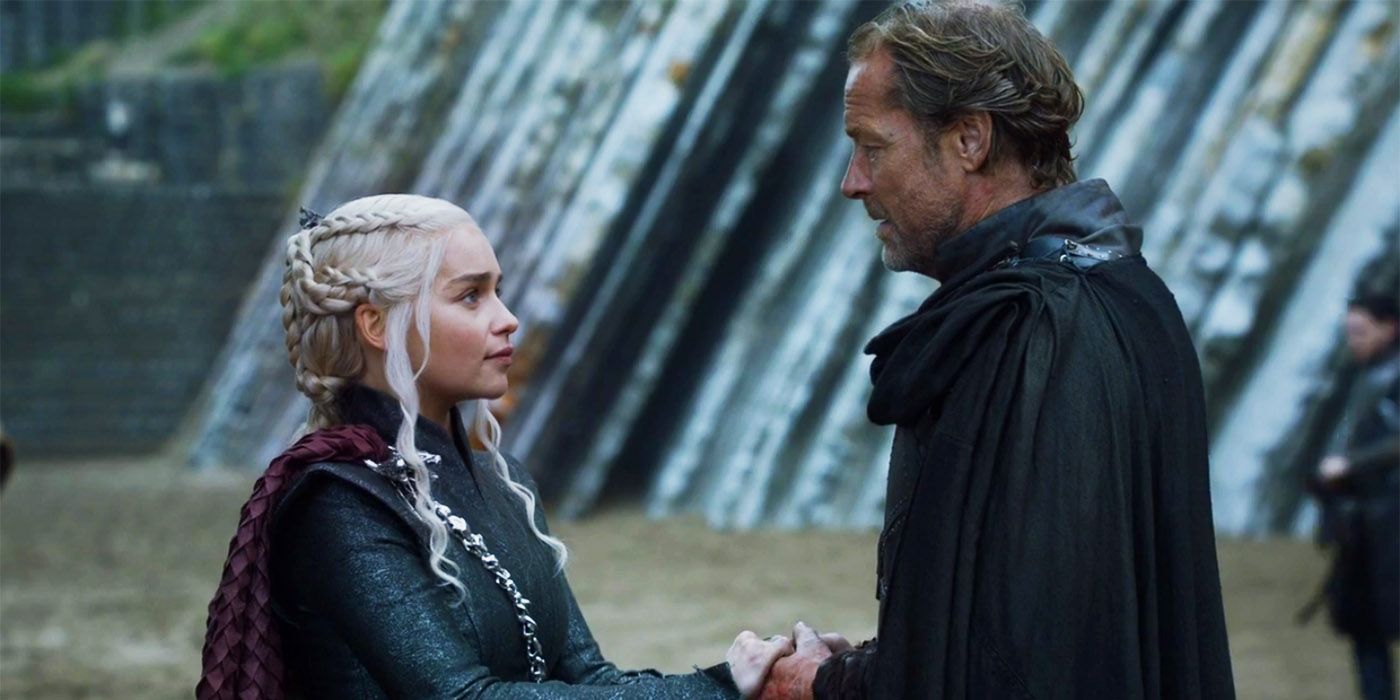 Emilia Clarke as Daenerys Targaryen and Iain Glen as Ser Jorah Mormont on Game of Thrones