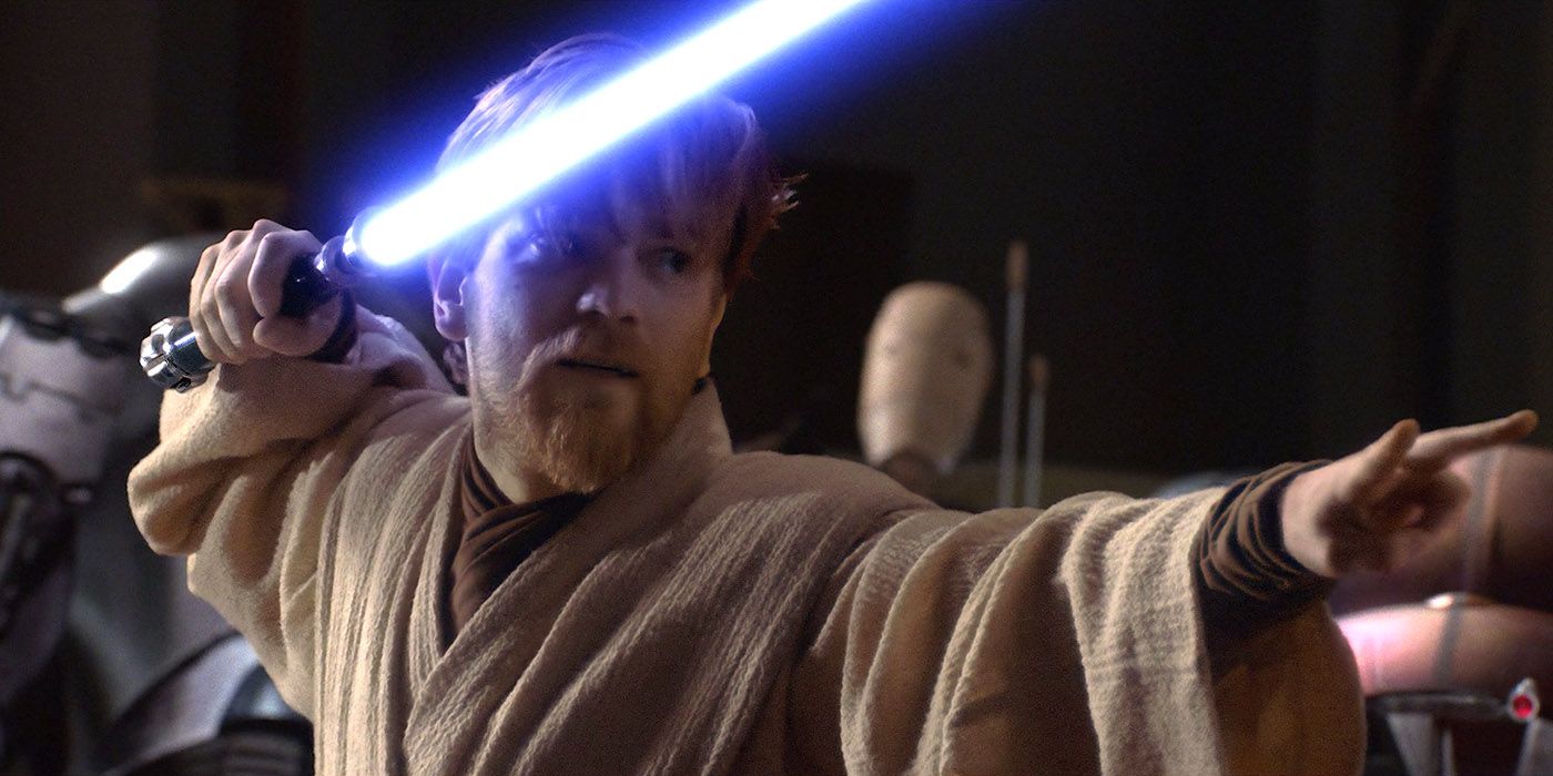 Ewan McGregor as Obi-Wan Kenobi wielding his lightsaber in Star Wars Revenge of the Sith