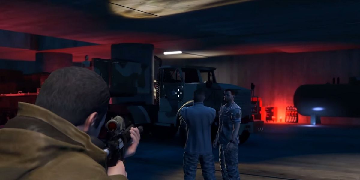 Dark lab environment in GTA 5 with red lighting.