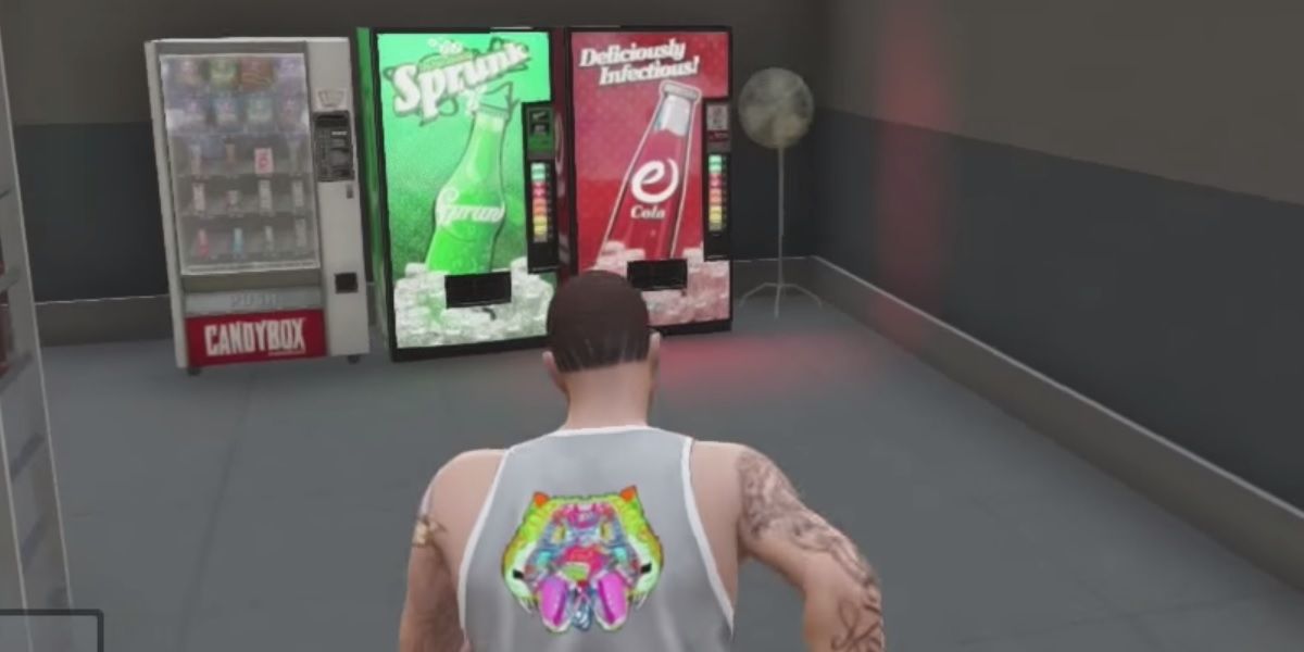 Player in front of several vending machines in hidden GTA 5 bunker.