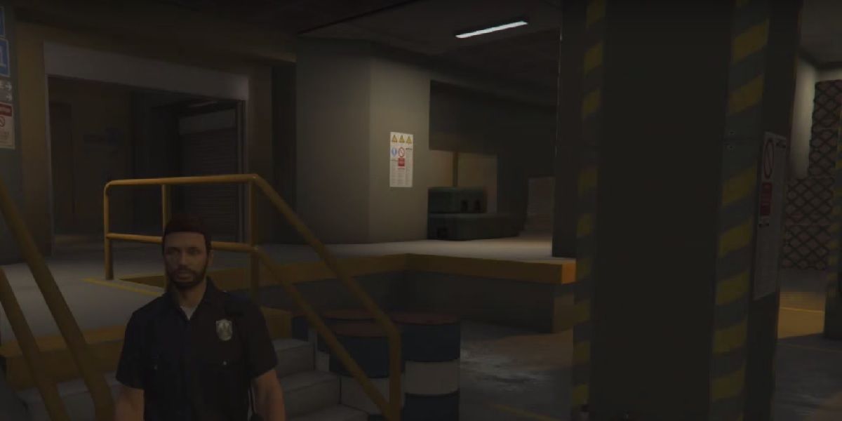 Image from inside the Human Labs research facility in GTA V, showing an industrial research environment.