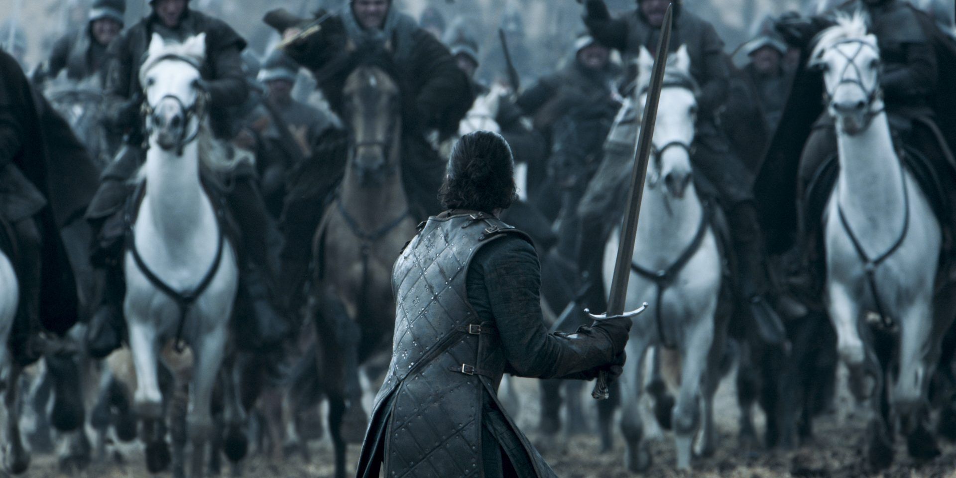 Kit Harington as Jon Snow facing a stampede in the Battle of the Bastards in Game of Thrones