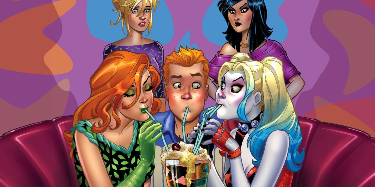 Poison Ivy and Harley Quinn have a milkshake with Archie in a comic book.