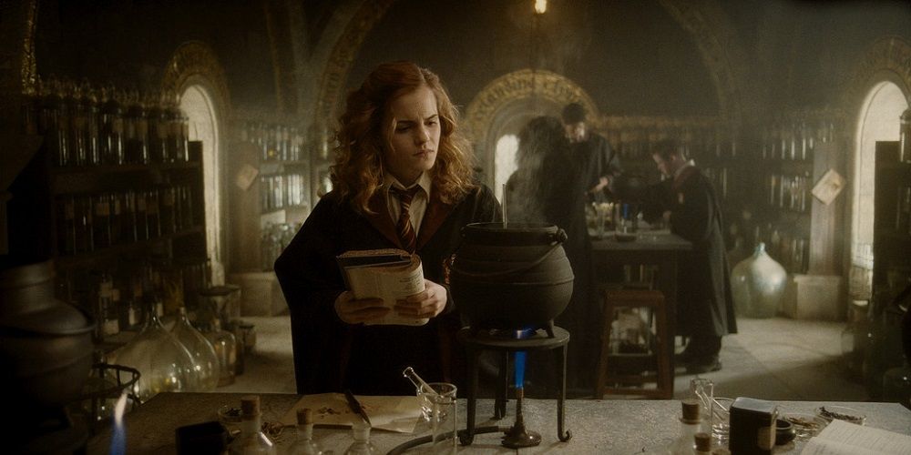 Hermione making potions in the Harry Potter series