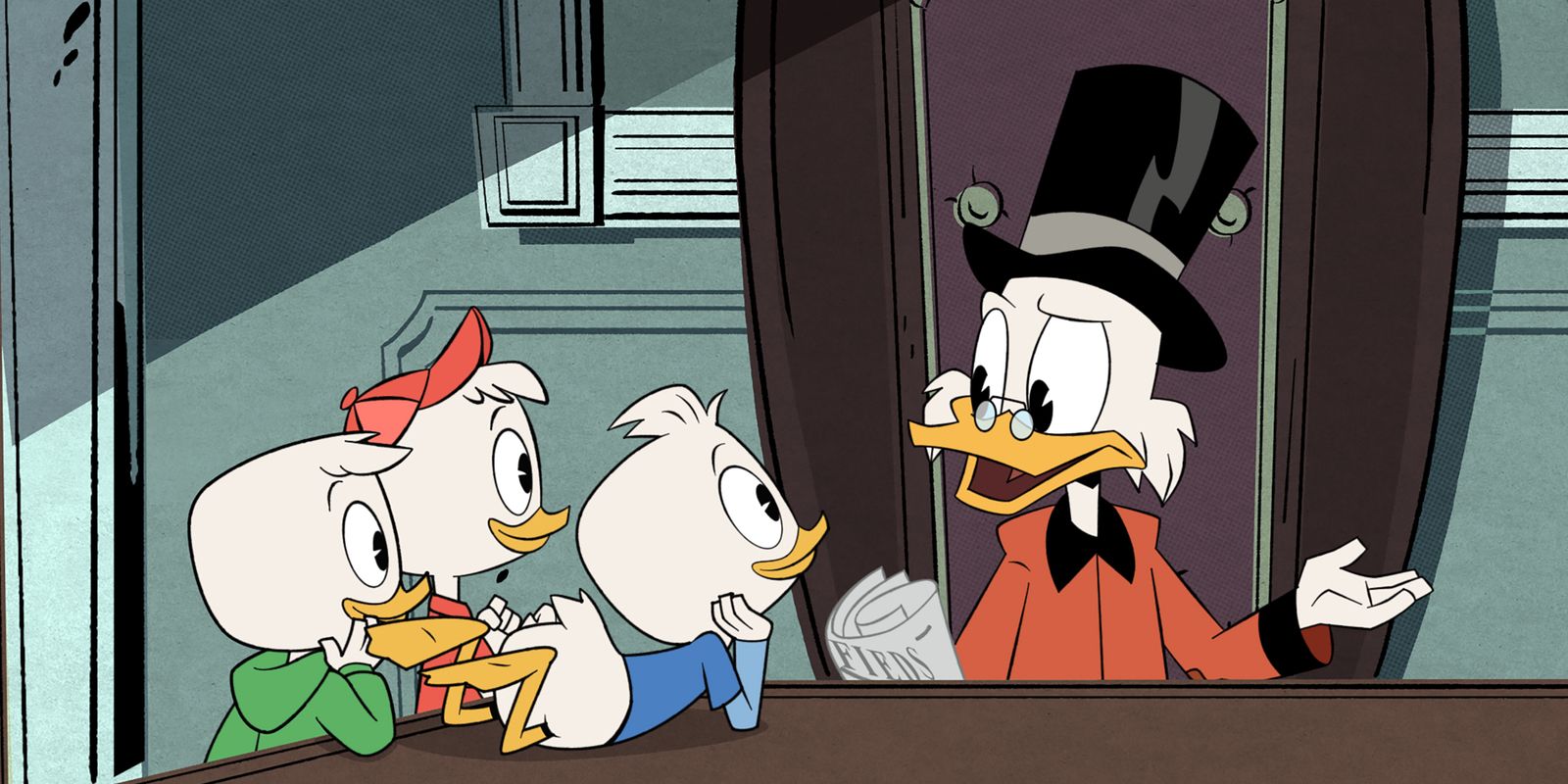 Huey, Dewey and Lewis talking to their uncle in DuckTales