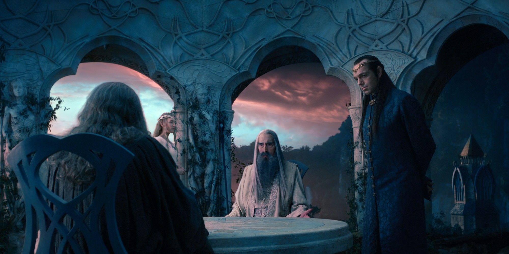 Ian-McKellen-as-Gandalf-Christopher-Lee-as-Saruman-Hugo-Weaving-as-Elrond-and-Cate-Blanchett-as-Galadriel-in-The-Hobbit