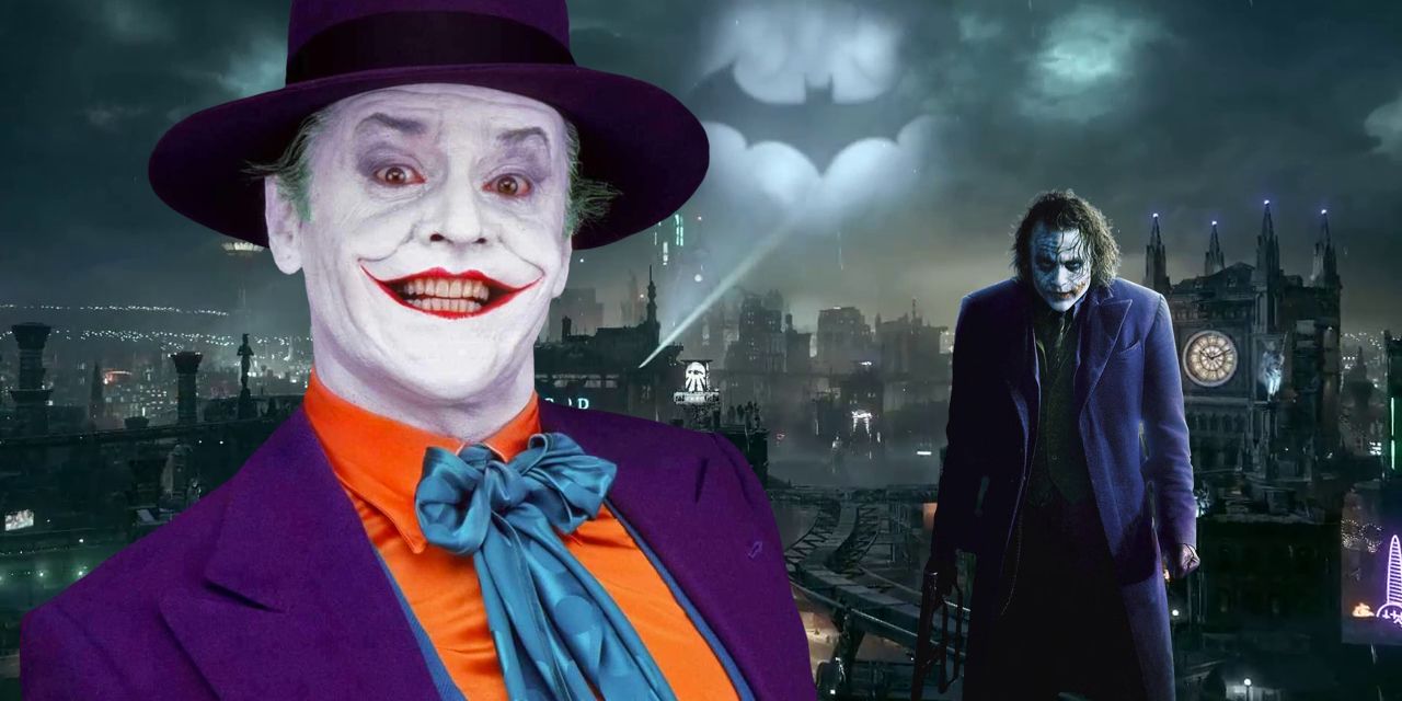 Blended image of Jack Nicholson and Heath Ledger as the Joker in a Gotham City background.