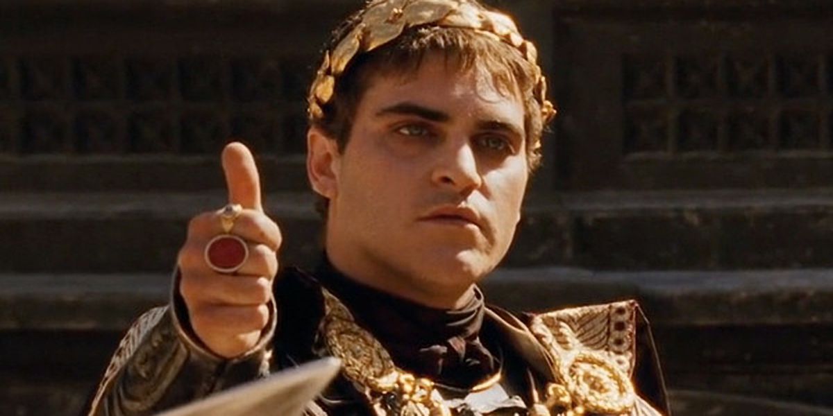 Joaquin Phoenix giving a thumbs up in Gladiator